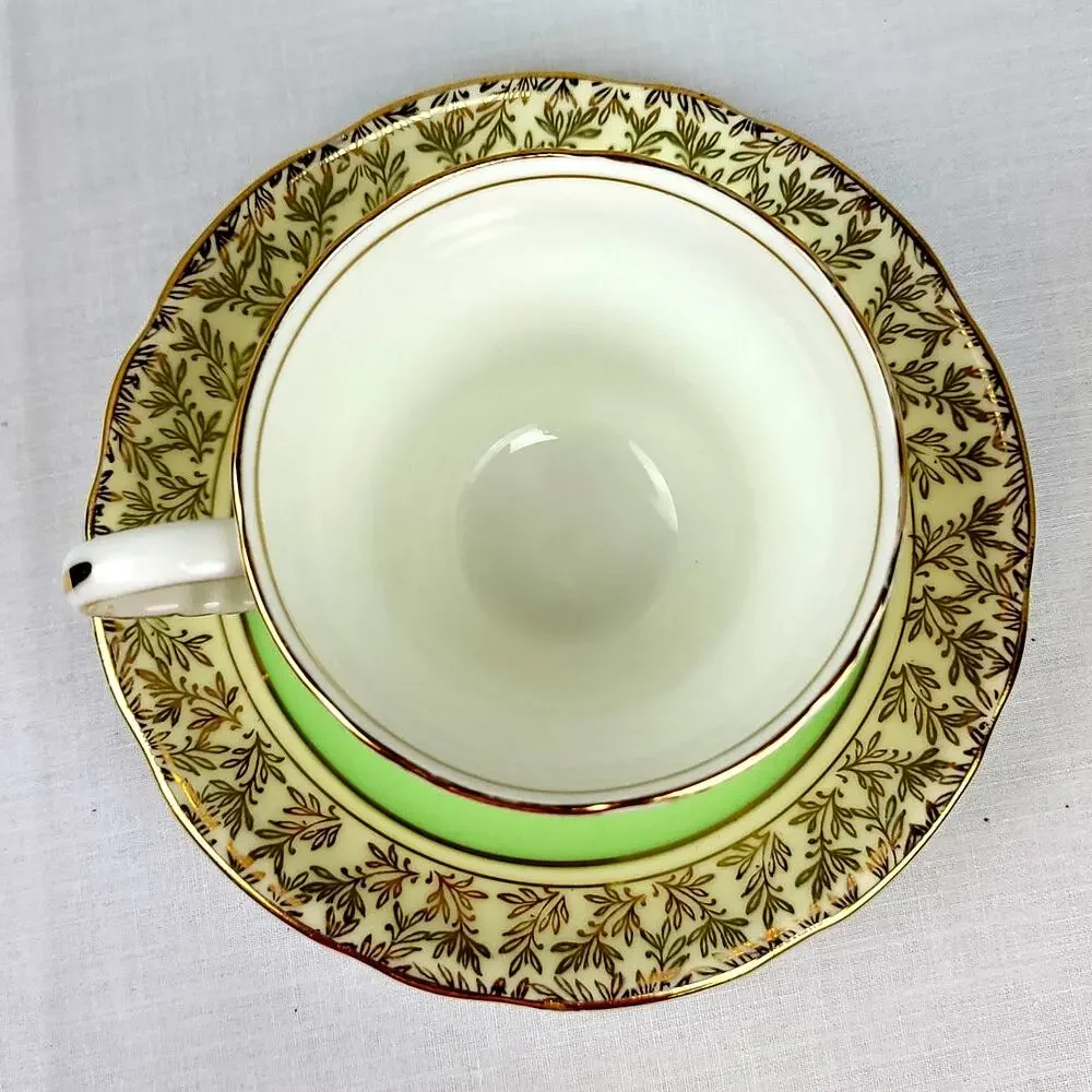 Vintage Royal Stafford Bone China England Tea Cup Saucer Mint Green & Gold Leaf